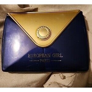 Vintage European Girl Paris Purse-Style Compact Case Plastic Navy Gold-Tone